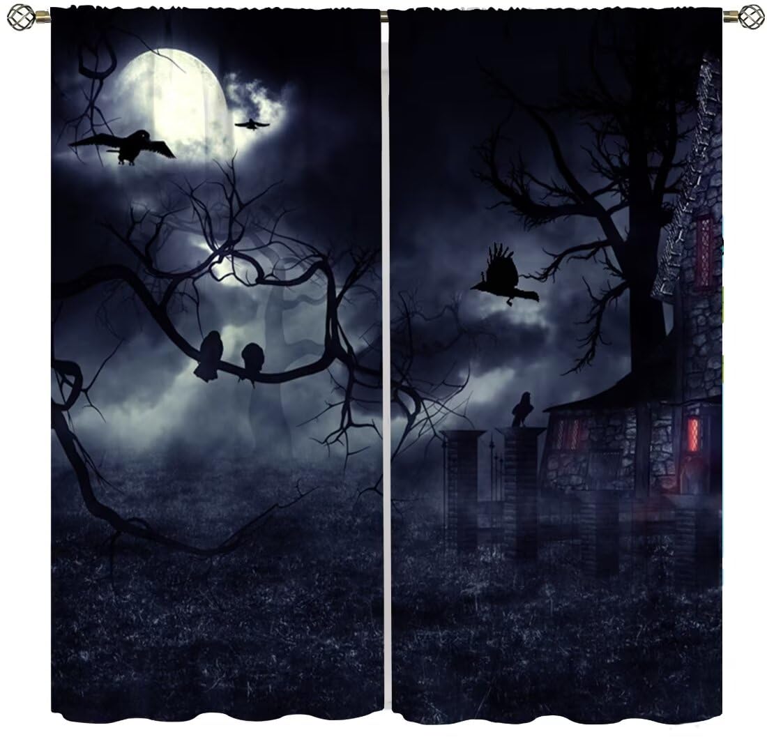 DDCBNS Gothic Curtains,Dark Forest Crow Black Raven Window Treatments for Bedroom Living Room Kitchen Horror Halloween Window Drapes 2 Panel Set,Total