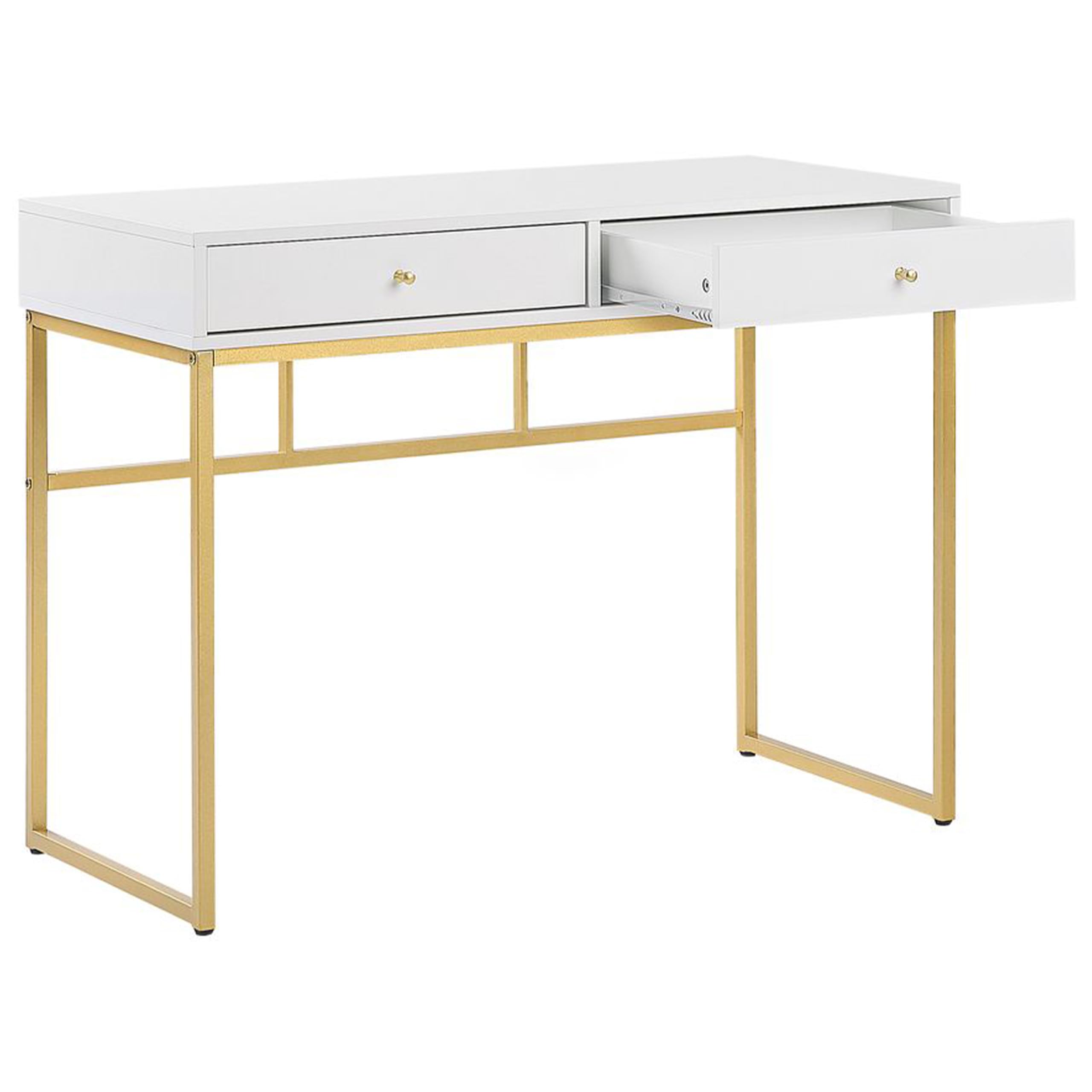 Beliani Console Bureau à Domicile Glamour à 2 Tiroirs à Base en Métal Doré et Plateau Blanc Daphne