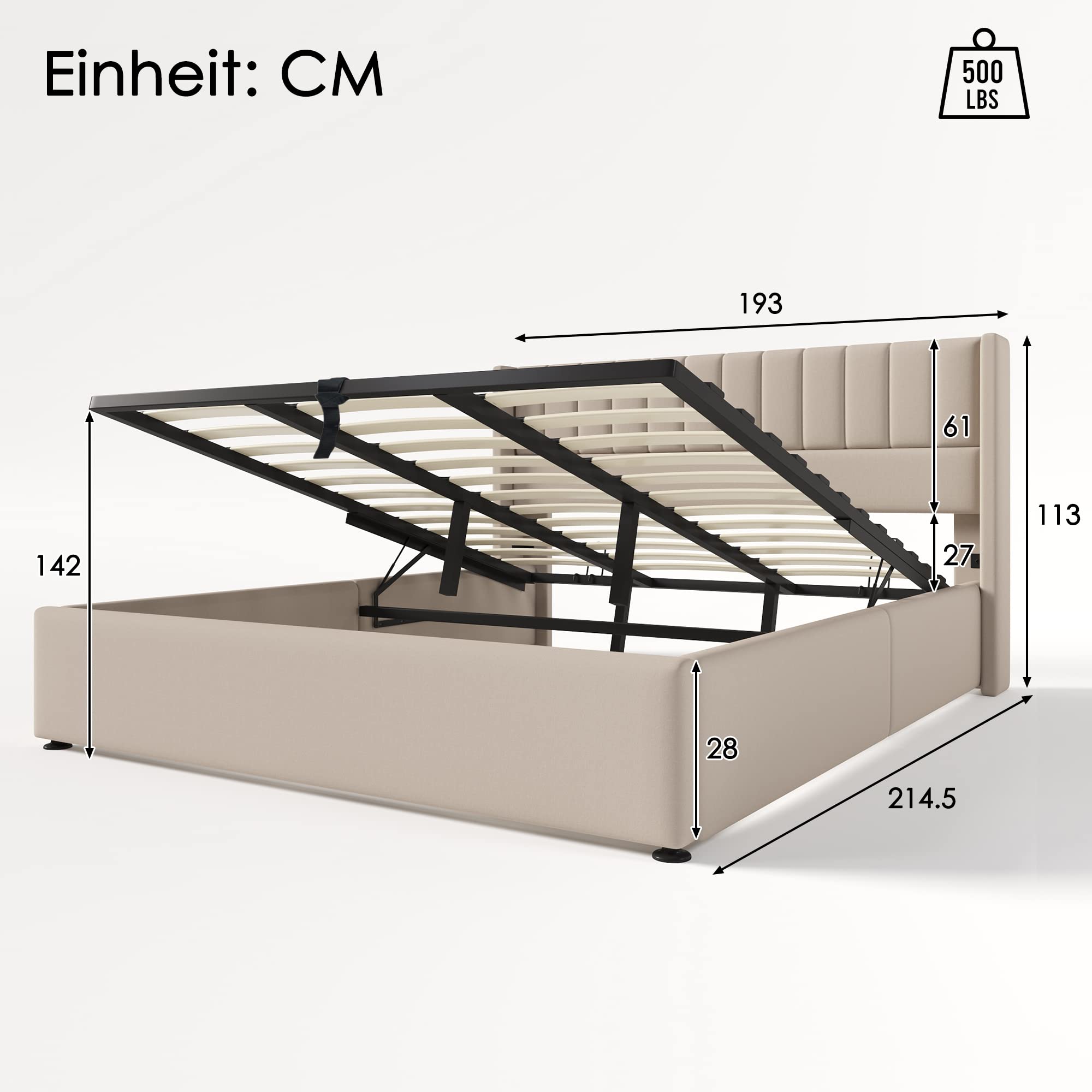 Merax Polsterbett 180 x 200cm, Hydraulisch Doppelbett mit Lattenrost & Bettkasten, Stauraumbett mit Kopfteil, Metallrahmen, Leinen, für Erwachsene & Jugendliche, ohne Matratze, Beige-Streifen