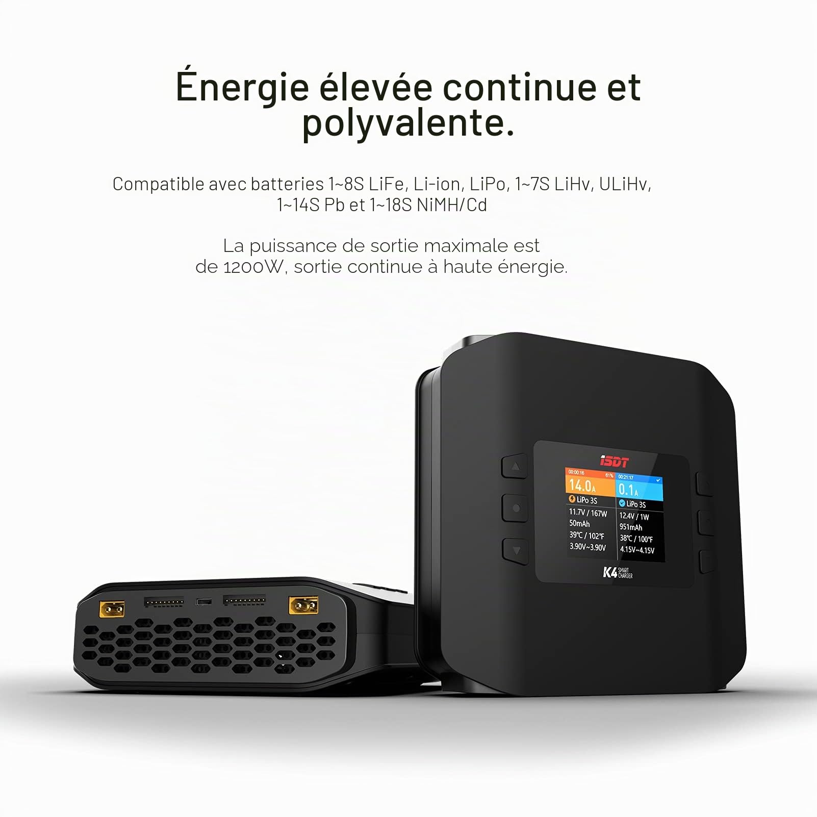 ISDT K4 Lipo Batterie Balance Chargeur Déchargeur AC 400W / DC 600Wx2 Dual Canal pour modèles RC Life/ Lilon/ LiPo 1-8S/ LiHv/ Pb/ NiMH Écran LCD numérique Contrôle APP Bluetooth (EU plug)