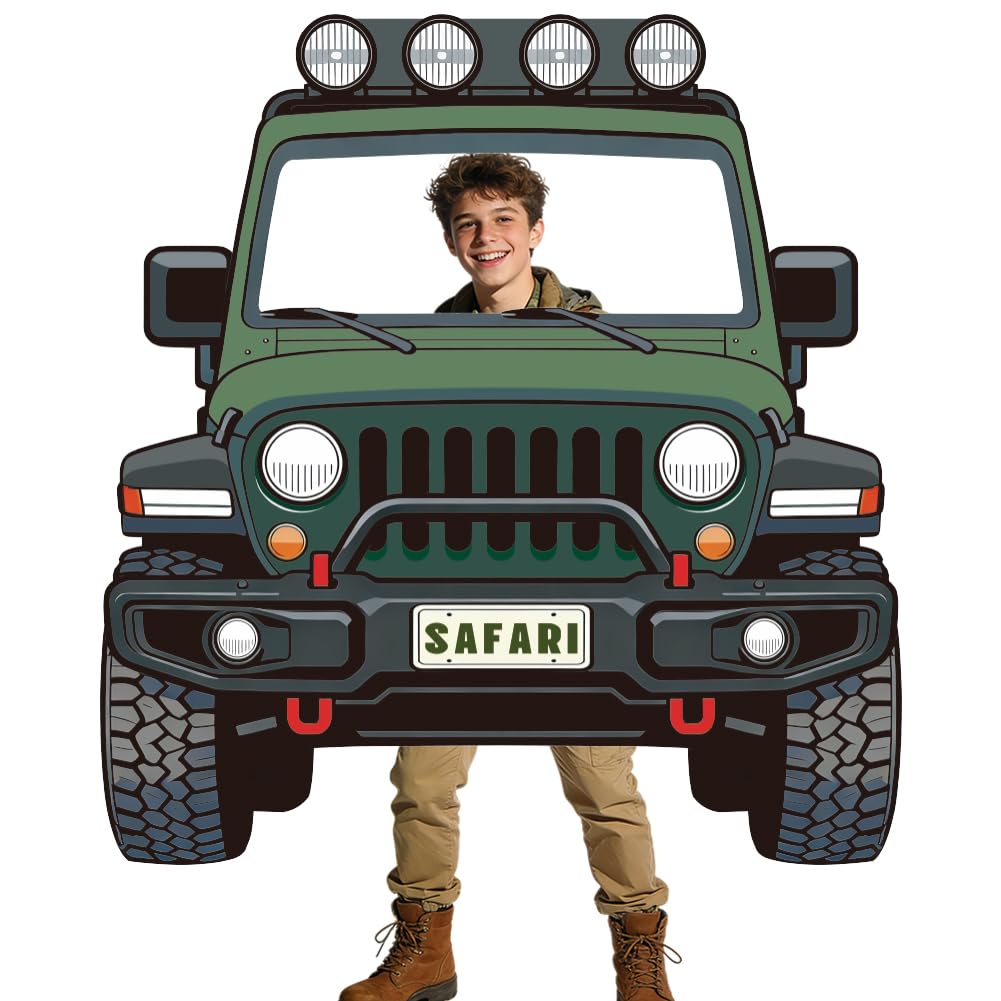 WADORN Car Shaped Photo Prop Selfie Frame Banner, 5.5x5.9 Ft Jungle Safari Party Decorations Backdrop Adventure Vehicle Photography Background Hanging Supplies for Jungle Adventure Birthday Party