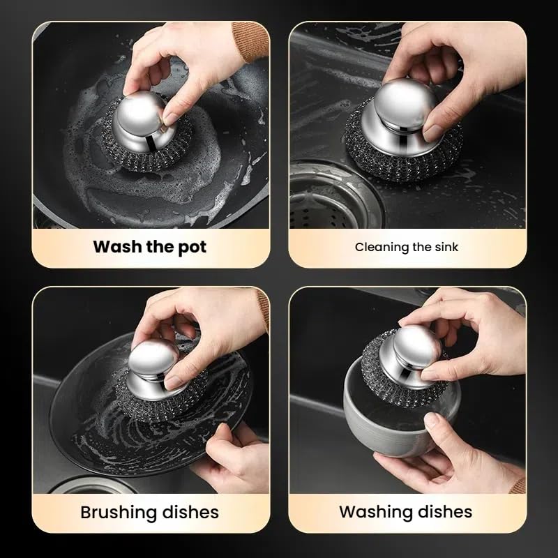 Image of 2 Pcs Stainless Steel Wool Scrubber Set with Handle, Includes 2 Replacement Scrubber Pads, Perfect for Cleaning Iron Pots, Stoves, Grills, and Sinks, Durable Metal Scourer for Tough Messes