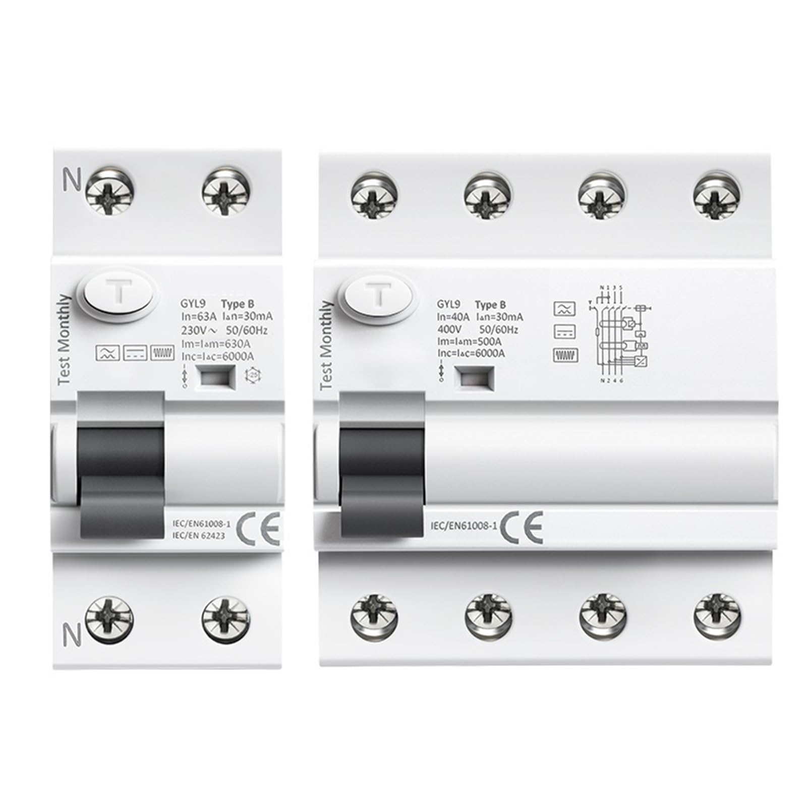 Interruttore differenziale di terra tipo B su guida DIN, CC, RCCB, RCD 4P, 40A, 63A, 30mA, 300mA, 6KA, 1 pz(1,63A 300mA)