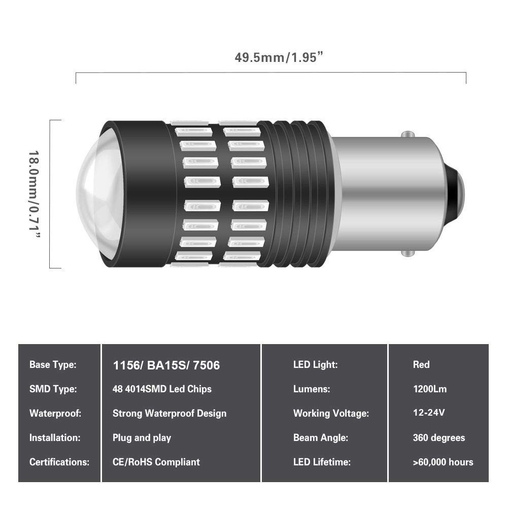 1156 BA15S P21W 7506 Bombillas LED Rojo 2400LM 48-SMD 4014 Chipsets con proyector para luces de marcador laterales de freno de cola (paquete de 2)