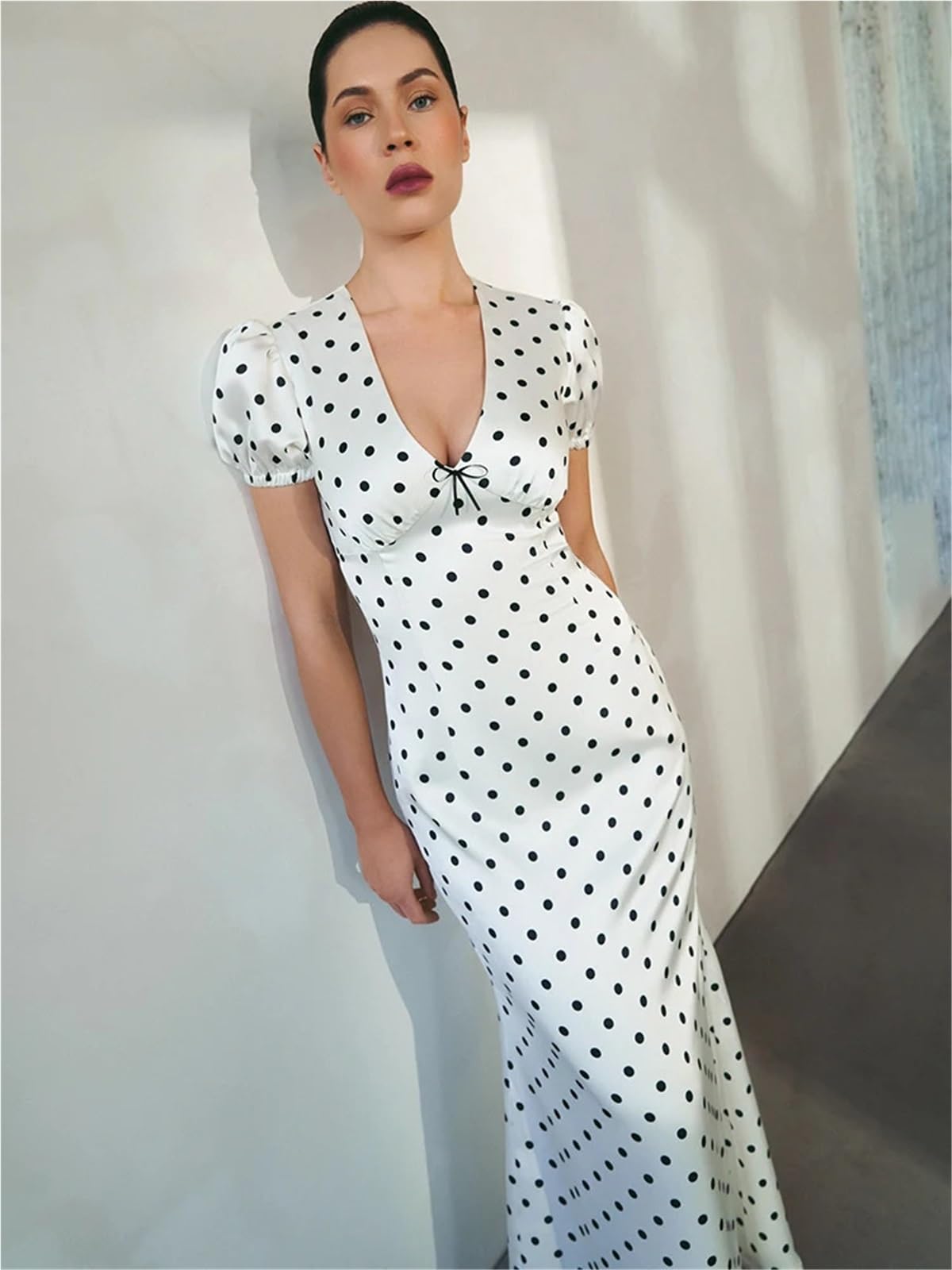 Vestido largo sexy con escote en V y estampado de lunares for mujer, vestido blanco de manga corta con cordones, vestido elegante ajustado de verano for fiesta y noche. Para Fiestas y Vacaciones(M)