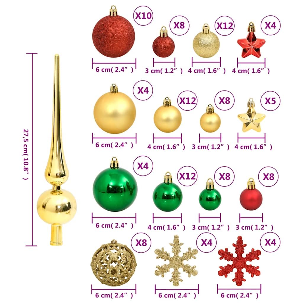 Juego de 112 bolas de Navidad de poliestireno, color rojo, verde y dorado, con 3 tamaños y diseños mate brillante, incluye punta de árbol de Navidad y colgante para árbol de Navidad y