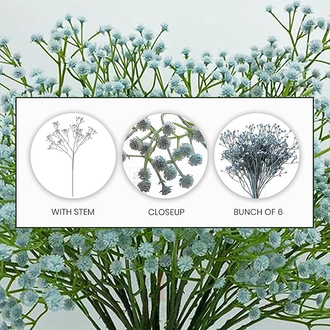 Image of Art Street Babys Breath Blue Flowers| Artificial Gypsophila Bouquets Flowers |Mothers Day Gifting, Faux Flowers for Vases |Decoration Items for Living Room, New Year, (Pack of 6), 24 Inch