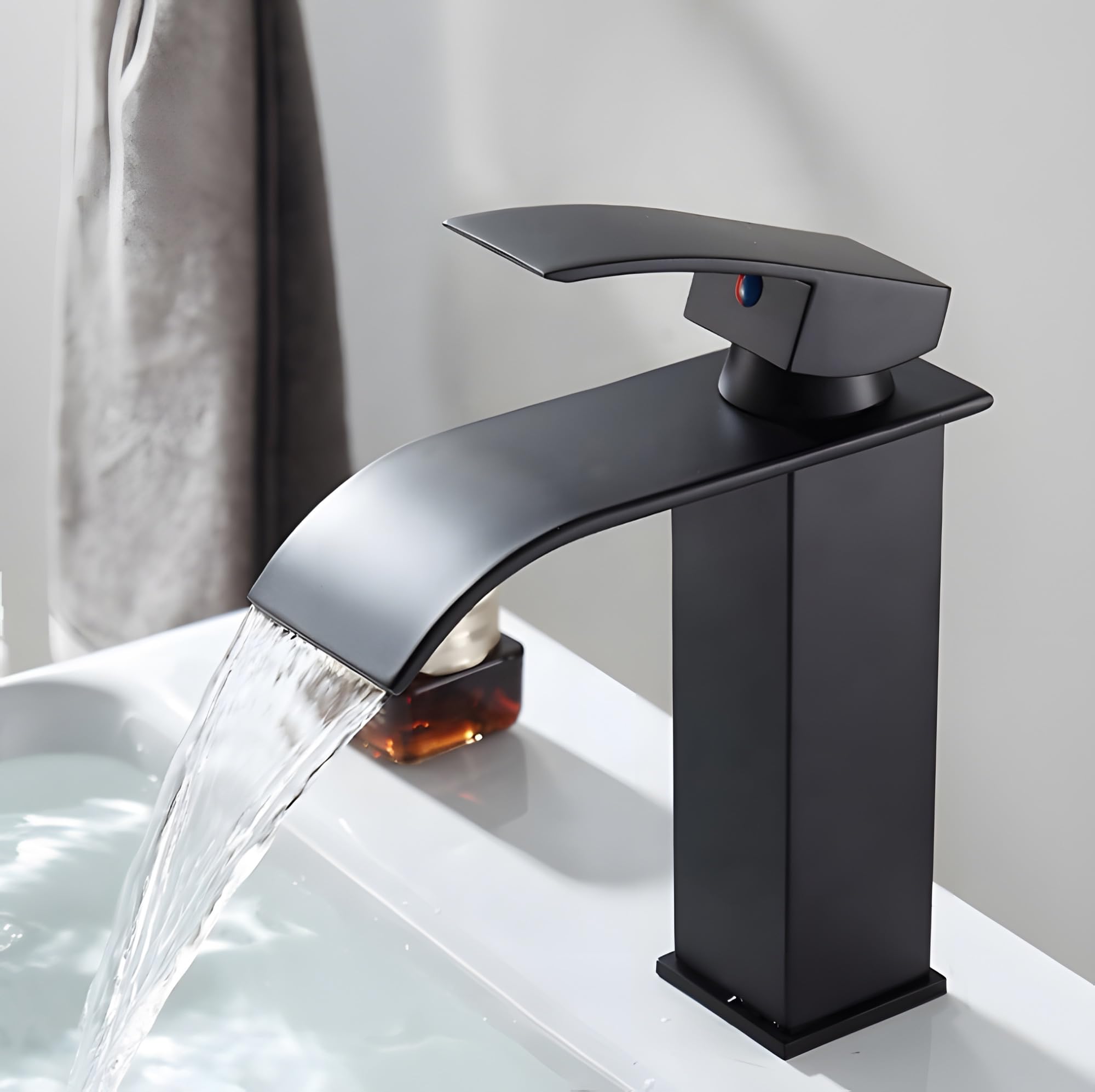 24x7 eMall Waterfall Black Basin Tap Faucet Mixer for Bathroom Toilet Wash Basins Hot and Cold Water Small Matt Black, SS Material, 7 Inches Height
