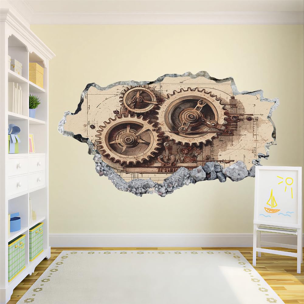 3D Wandtattoo Wanddurchbruch, Gang Durchbruch Wandaufkleber für Kinderzimmer, sticker für Wohnzimmer, Retromechanisch Wandsticker, Wandbild Junge Mädchen Schlafzimmer