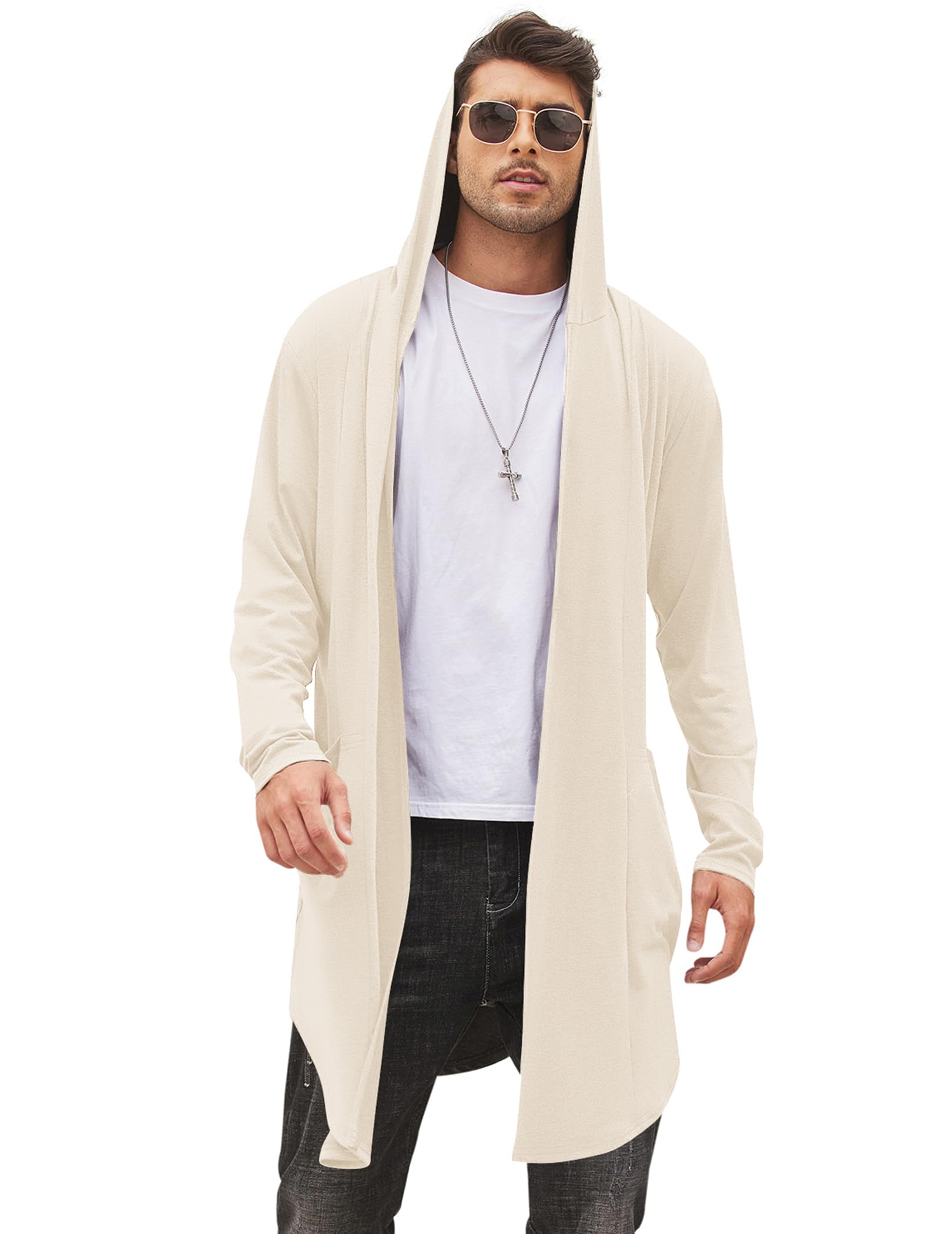 COOFANDY Men's Long Hooded Cardigan Shawl Collar Lightweight Cape Cloak