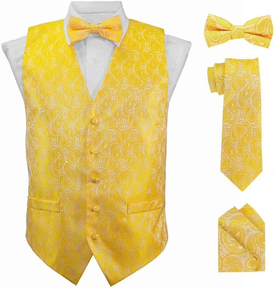 Formal Paisley Satin Suit Vest for Men Set of 4 - Vest, Tie, Bow Tie & Pocket Square (White Back)
