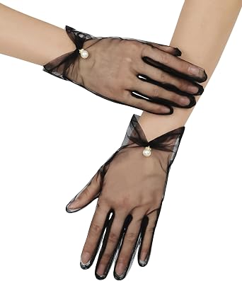 Womens Short Pearl Tulle Gloves Bridal Wrist Gloves