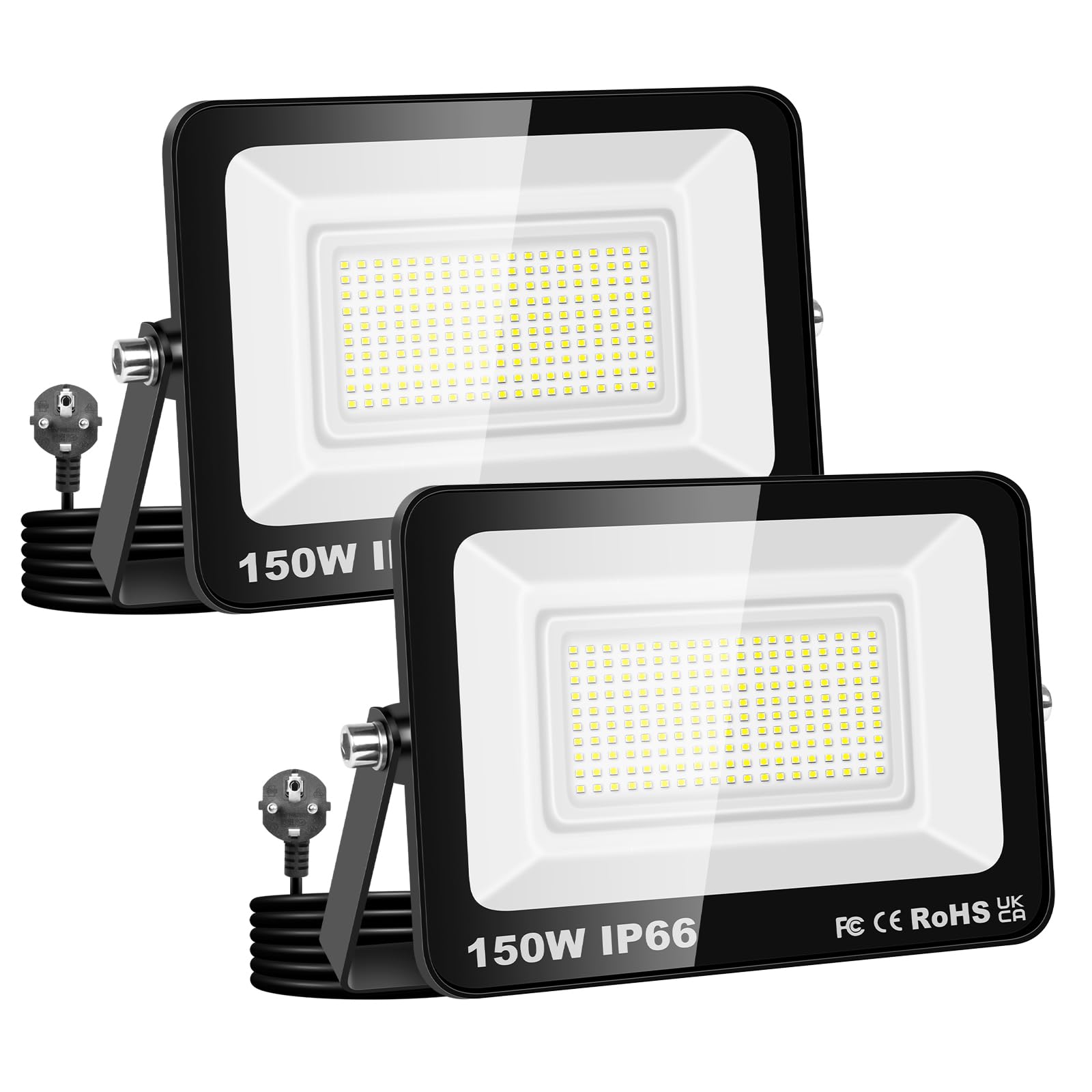 SKYWORLD 150W LED Außenstrahler 2x IP66 Wasserdicht | 6000K Kaltweiß | Superhell mit Stecker | Für Garten, Hof, Garageneinfahrt & Außenbereich