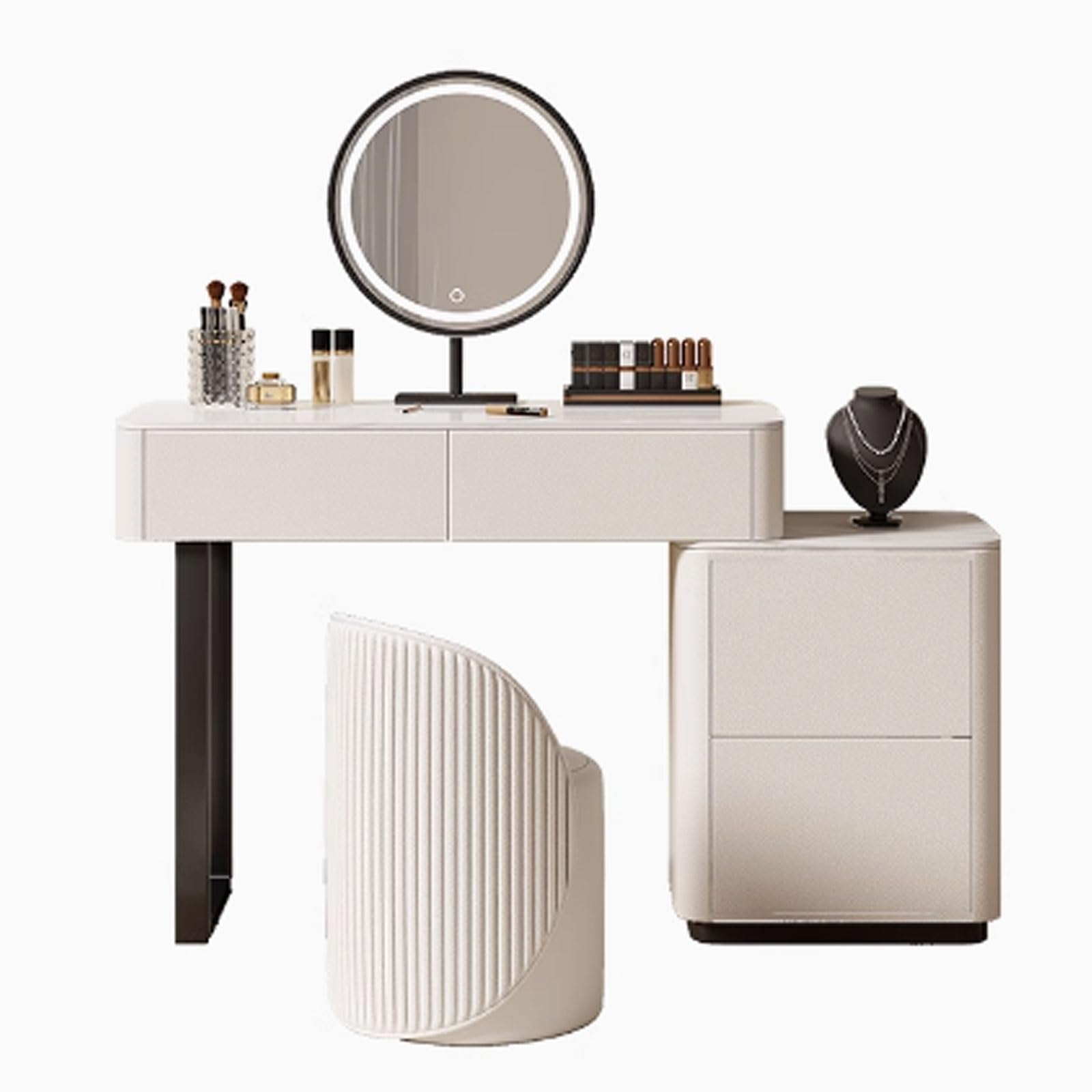 Tavolo da Trucco Illuminato con Specchio e Contenitore, Design in Ardesia Bianca e Legno massello, 80 x 40 x 76 cm (Sedia Non Inclusa) - Perfetto per Gli Amanti della Bel