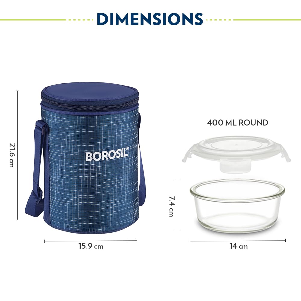 Borosil Indigo Lunchbox with Bag | 3 pc Borosilicate Glass Round Container Set (400 ml Each) | Microwave & Dishwasher Safe, Leak Proof | Tiffin for Office, School, College | Blue - Image 3 thumbnail