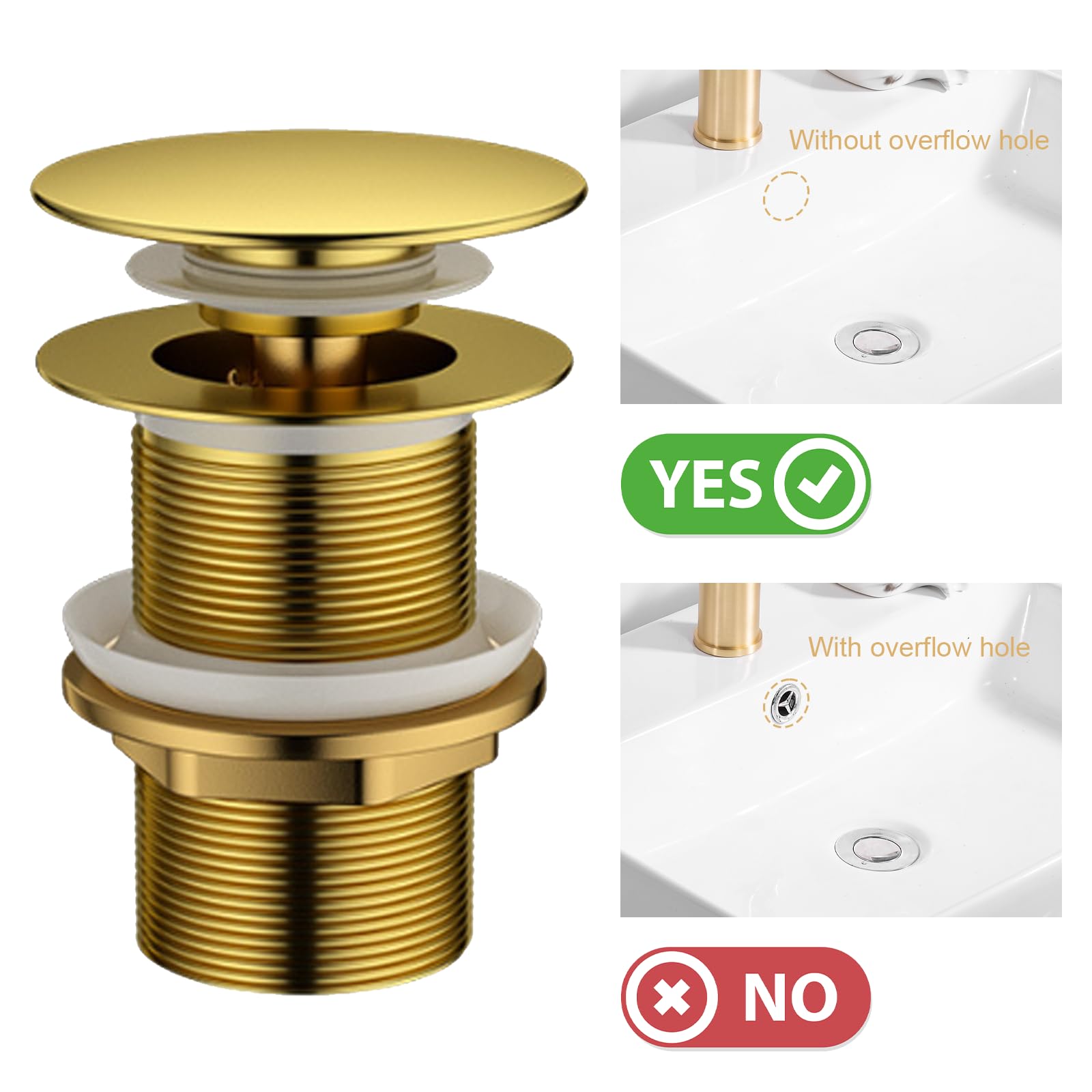 Bonde de Lavabo Pop Up sans Trop Plein, Mécanisme Click Clack et Panier Filtre, Finition Laiton Doré Antique, pour Lavabo de Salle de Bain et Bidet, Universal G1 1/4 Pouce