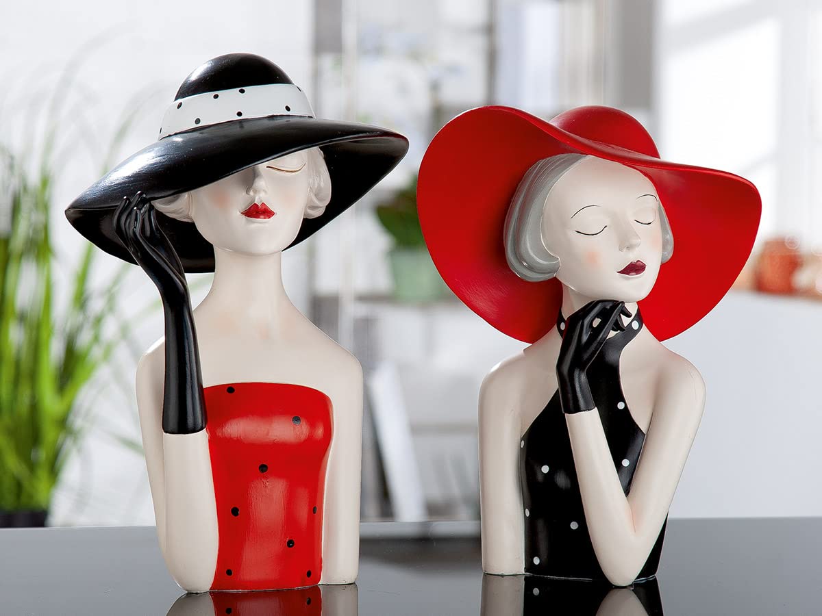 GILDE Dekofigur Frau Lady mit schwarzem Hut Kunstharz rot schwarz 29,5 cm