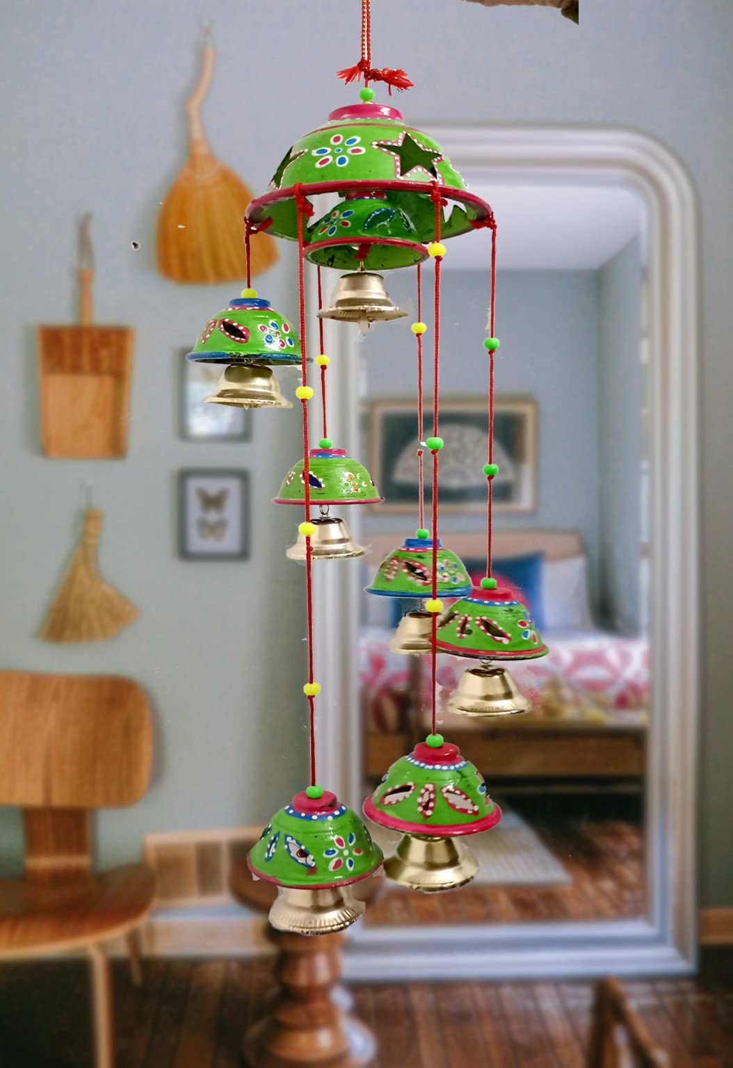Decor Rajasthani Painting Design 7 Bells Decorative Hanging Wind Chimes for Indoor and Outdoor (Green)