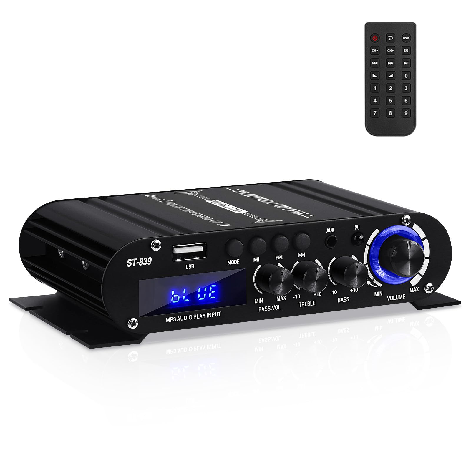 ST-839 amplificador Bluetooth 2.1 canales estéreo amplificadores receptores RMS 25x2 + 40W Max.100W Audio Amplificadores de potencia para el hogar Mini Sub amplificadores con agudos y graves, BT/USB