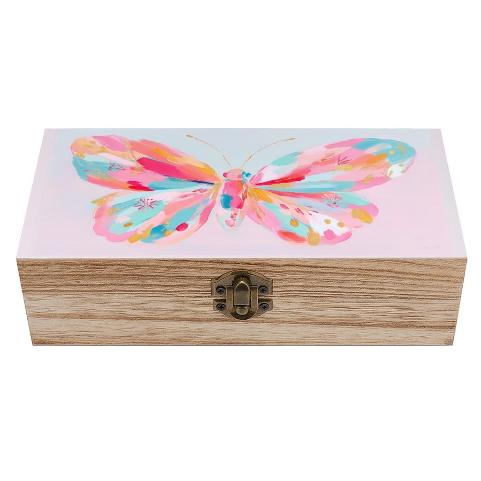 Ahdyr Large Pink Red Butterfly Abstract Wooden Storage Box with Hinged Lid And Front Clasp Large Keepsake Box