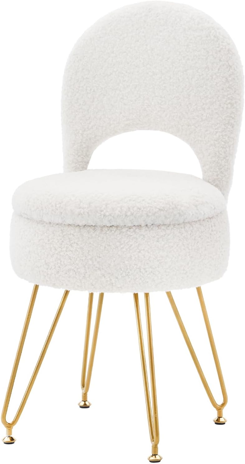 Storage Ottoman Vanity Stool Chair with Folding Back Teddy Velvet Makeup Chair Multifunctional Upholstered Footstool,4 Metal Legs with Anti-Slip Feet for Bedroom Living Room Entryway 13"D x 13"W x 27"H White