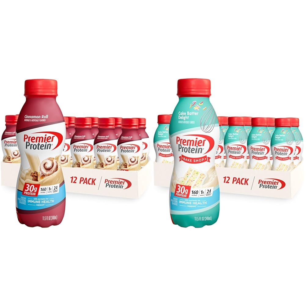 Premier Protein Shake, 30g Protein, 1g Sugar, 24 Vitamins&Minerals, Cinnamon Roll & Cake Batter Flavors, Pack of 12, 11.5oz Bottles