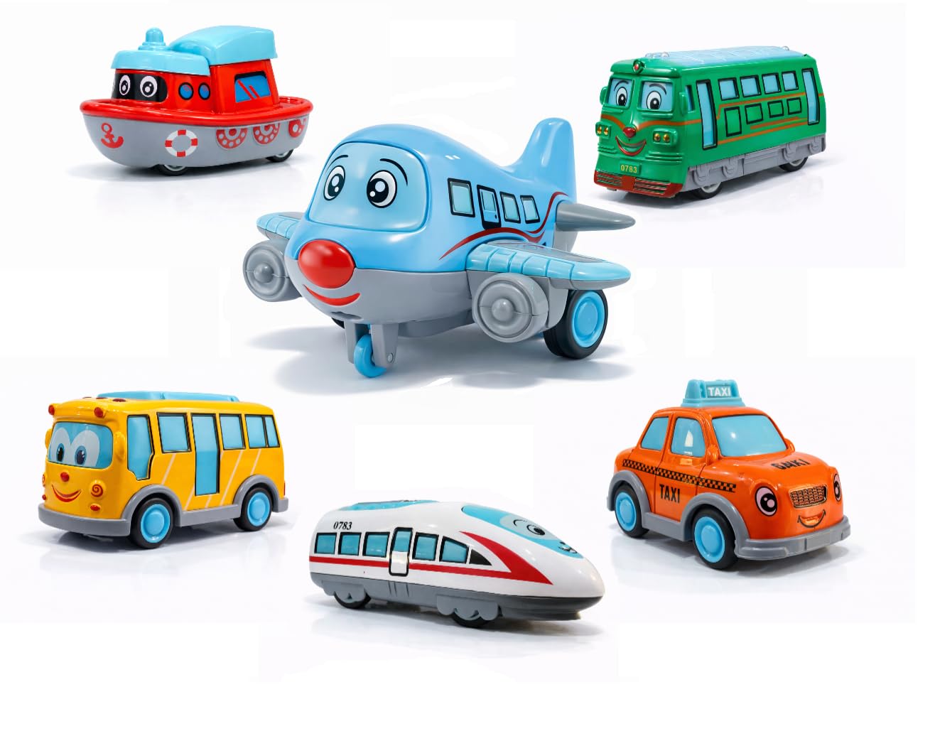 PB Prime Brands Cute Metal Die Cast Pull Back Vehicles Toy Cars Play Set for Toddlers - Alloy Mini Airplane, Taxi, 2 Bus, Boat & Train - Smooth Pull Back Action Metal Toys for Kids