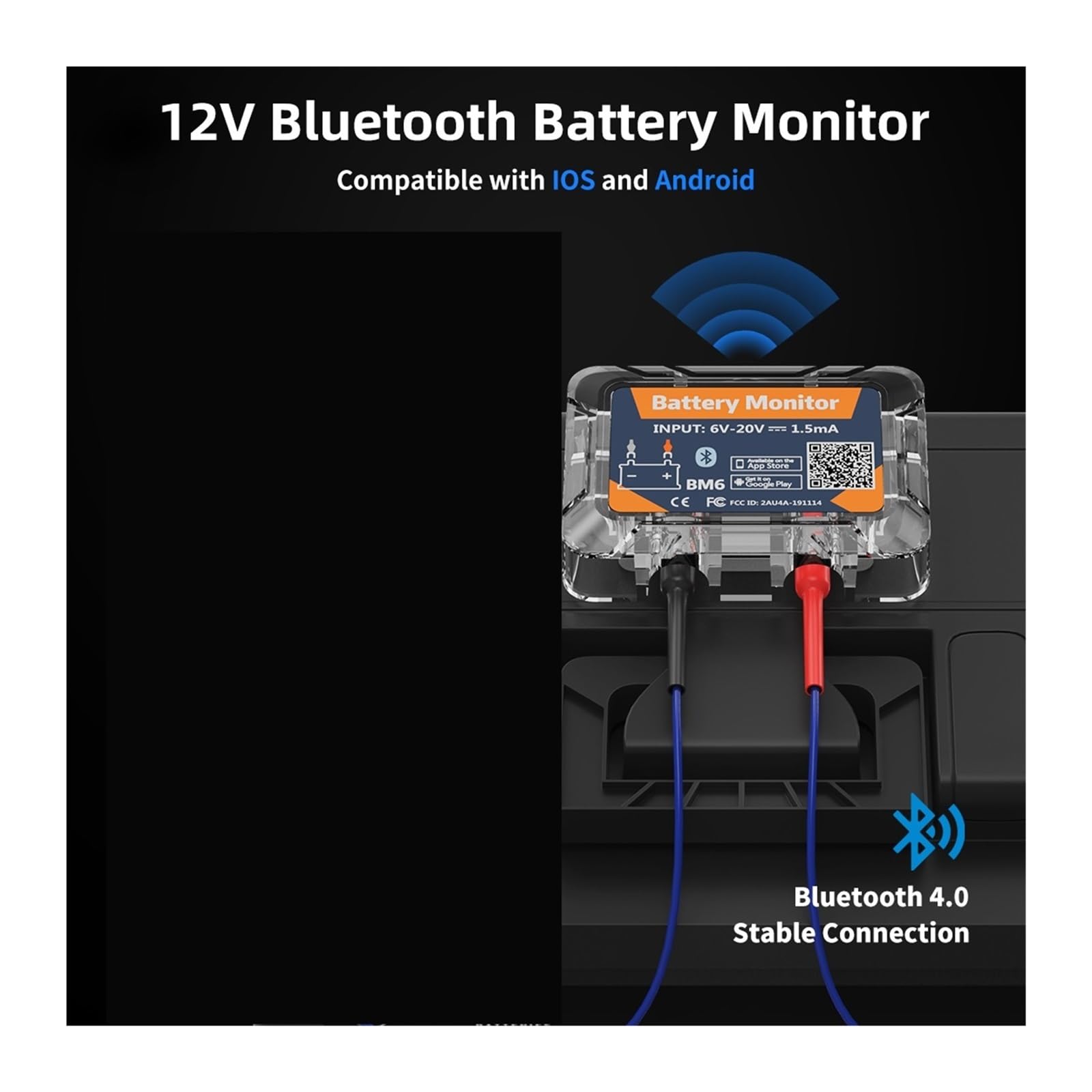 Tester per batterie, BM6 Bluetooth 4.0 Monitor for batteria auto 12V Tester for batteria Ricarica e avviamento Test Analizzatore batteria APP