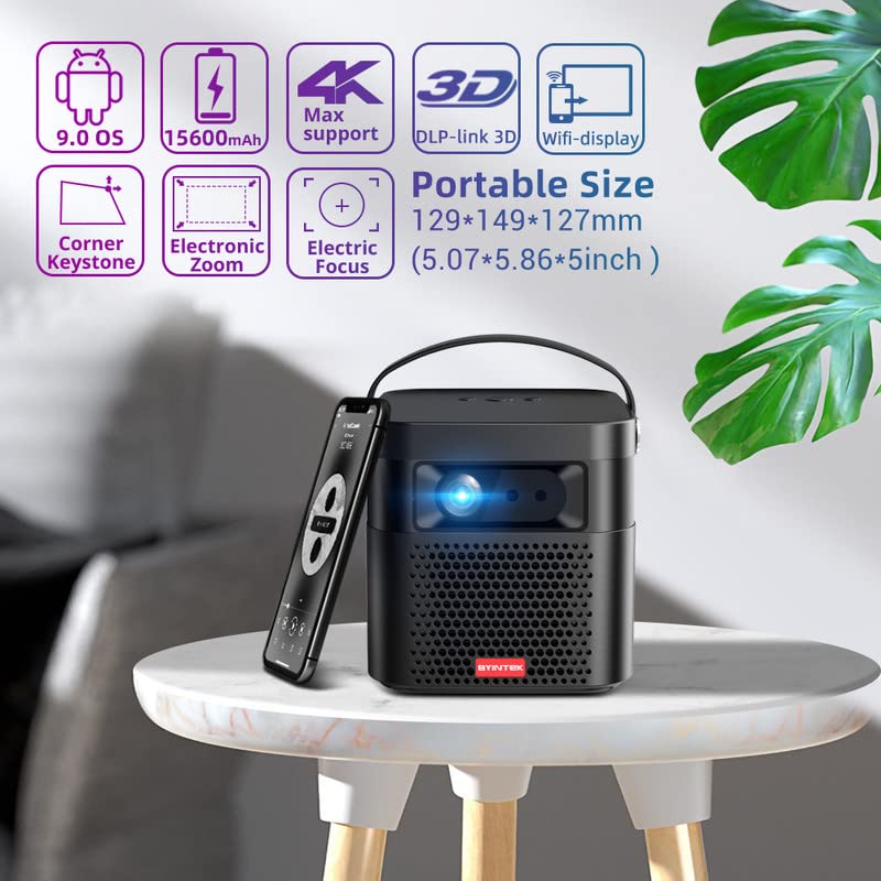 BYINTEK U70 Pro Projector on a table, displaying key features like Android 9.0 OS, 15600mAh battery, 4K support, 3D, Wi-Fi display, Corner Keystone, Electronic Zoom, and Electric Focus.