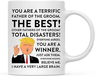 Andaz Press Funny President Donald Trump 11oz. Coffee Mug Gift, Terrific Father of The Groom, 1-Pack, Christmas Drinking Cup Republican Democrat Political Satire for Him Wedding