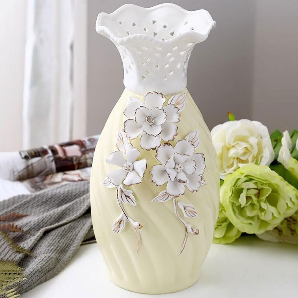 Accueil Vases Vase en céramique Jaune Clair, Fleurs créatives de Phnom Penh, Arrangement séchées Porcelaine, décoration Bureau, Salon Moderne Décor intérieur