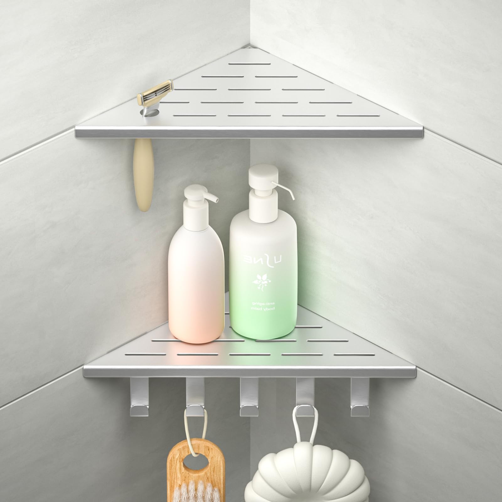 Etagere Douche Angle Lot de 2, étagère de Douche en Coin avec Crochets d'angle en Acier Inoxydable 304, Etagere Angle Salle de Bain 254mm, pour Mur carrelé, sans perçage, Brossé