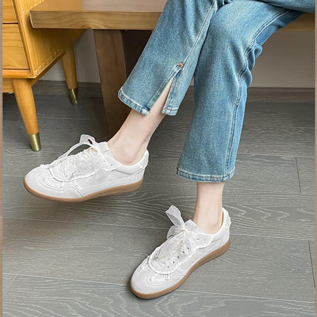 Women's Lace Casual Sneakers Elegant Ribbon Lace Up Fashion Ballet PU Leather Sneakers Trendy Casual Walking Shoes for Women - Image 8