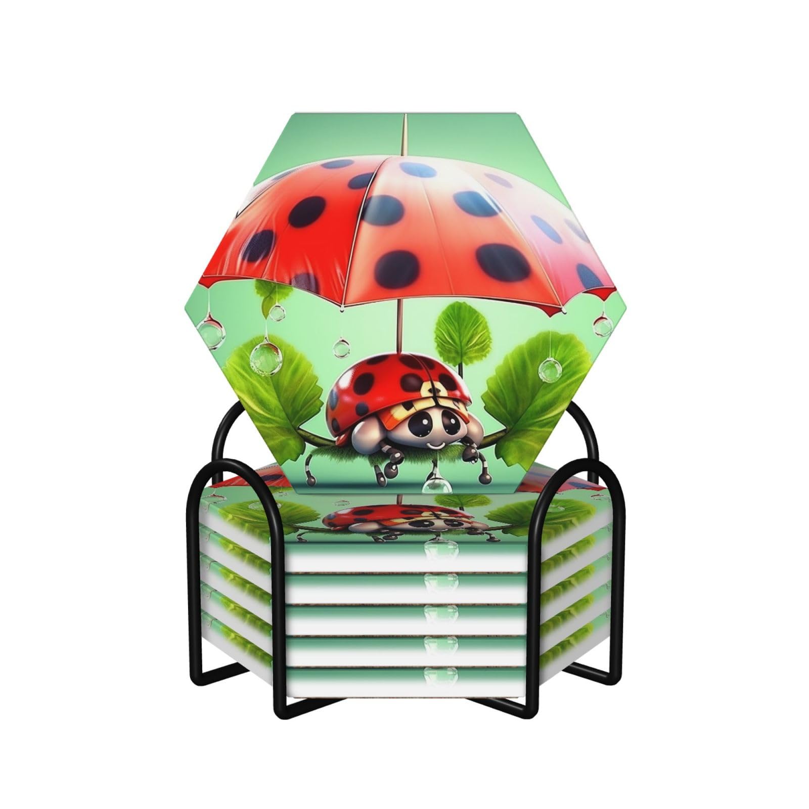 6Pcs Ceramics Coaster for Drinks, Funny Ladybug Holding Umbrellas Cup Coasters with Holder, Aesthetic Drink Coasters for Coffee Table, Absorbent Round Coaster for Tabletop Protection 4" Cup Mat Pad