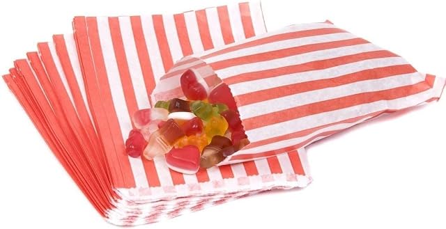 5" x 7" Red Candy Striped Sweet Paper Bags | Pack of 50 | Wedding Buffet Favour Cake Gift Pick n Mix Shop