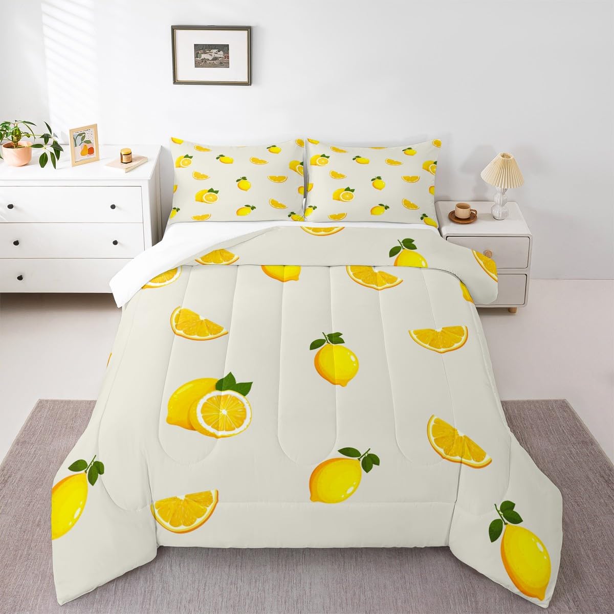 Bettwäsche-Set mit Zitronenmuster, Queen-Size-Größe, gelber Obstdruck, für Kinder, junger Mann, kühles Sommer-Bettwäsche-Set für Teenager, Kinderzimmer, Dekoration, Cartoon-Zitrone, gestepptes