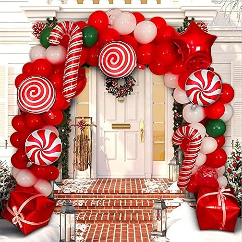 Christmas Balloon Garland Arch Kit 200 Pieces with Christmas Red White Candy Balloons Gift Box Balloons Red Star Balloons for Xmas Party Decorations Cover