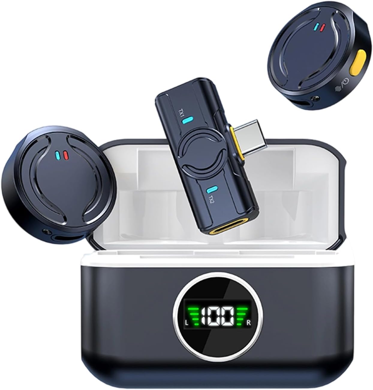 Wireless one-to-two microphone, suitable for/camera /PC/ laptop, with lightning /USB-C/ plug, 32KHz 16Bit, 66-foot range, noise cancellation, 15-hour battery, for video recording and streaming media