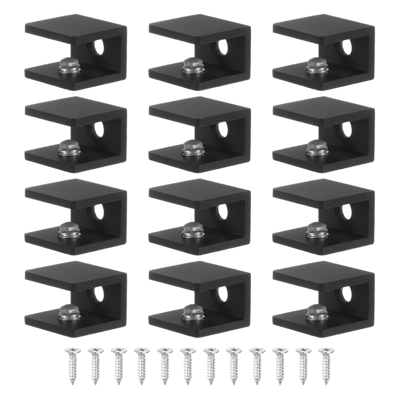 M METERXITY 12-Pack Glass Shelf Brackets, Adjustable No-Drill Square Glass Clamp Connector for 6-8mm Thick Shelf Brackets, Use for Bathroom/Showcases/Wardrobe [Black]