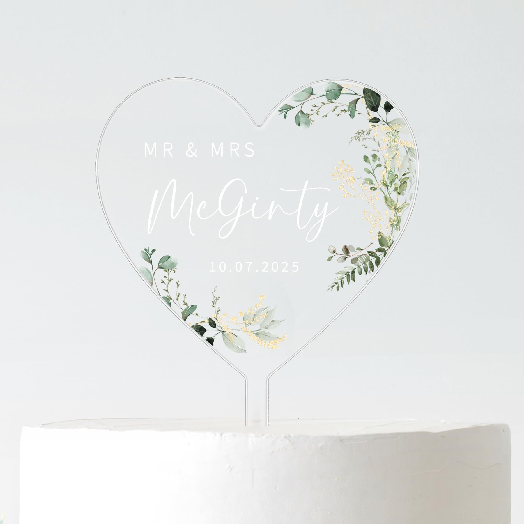 Personalised Mr & Mrs Surname Wedding Cake Topper | Heart Wedding Cake Decoration with Name & Date | Custom Wedding Cake Topper | Frosted Acrylic | 10cm or 12cm (WHITE TEXT, 10CM)