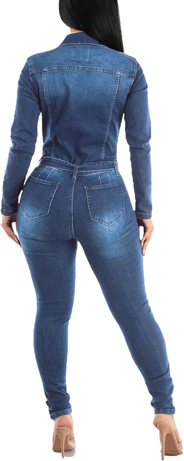 Sexyshine Women's Button Down Slim Fit Denim Jumpsuit Lapel Long Sleeve Bodycon Full Length Jeans Rompers Overalls
