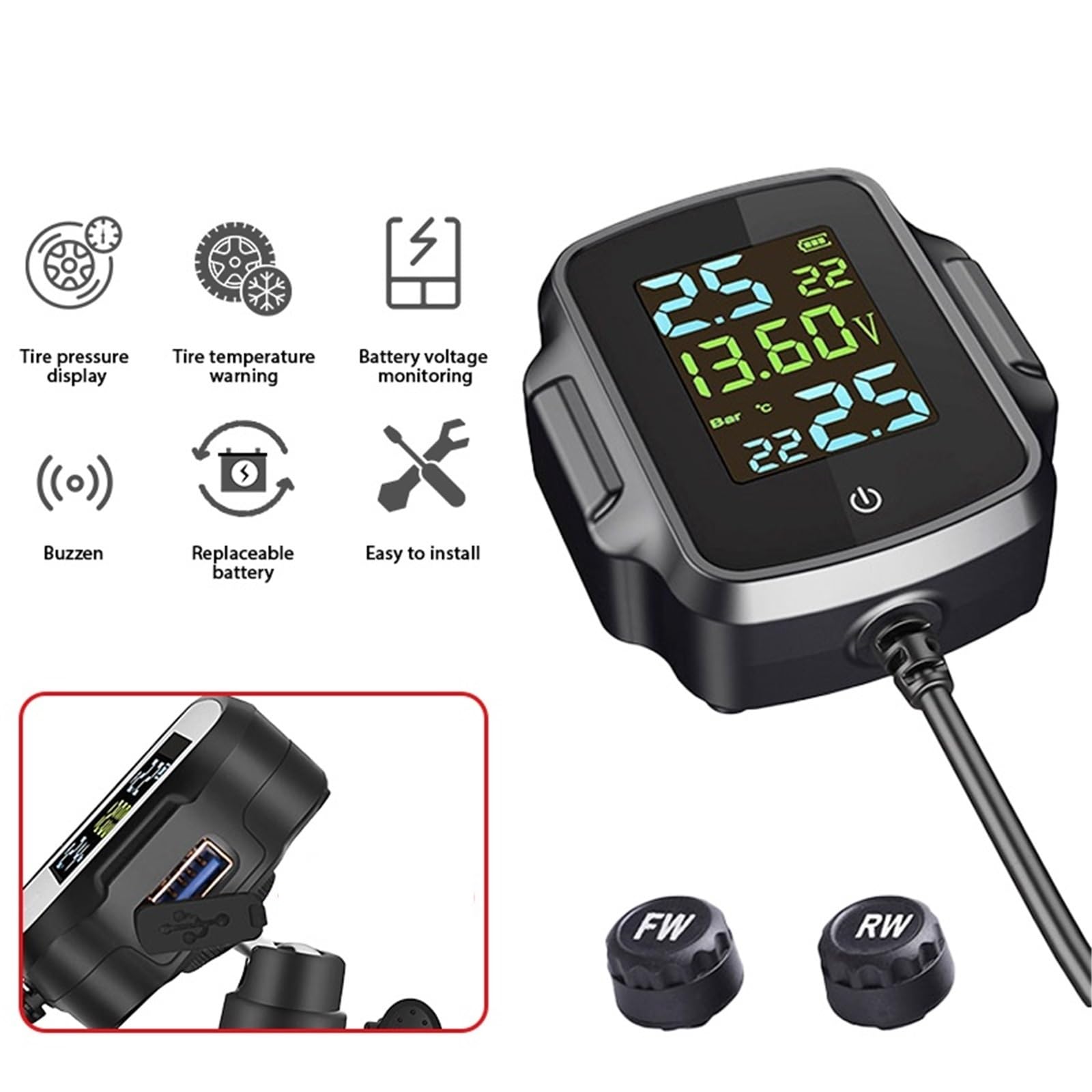 Monitor ciśnienia w oponach TPMS motocykla z wyjściem USB System monitorowania ciśnienia w oponach motocykla System alarmowy temperatury opon Cyfrowy miernik ciśnienia w oponach