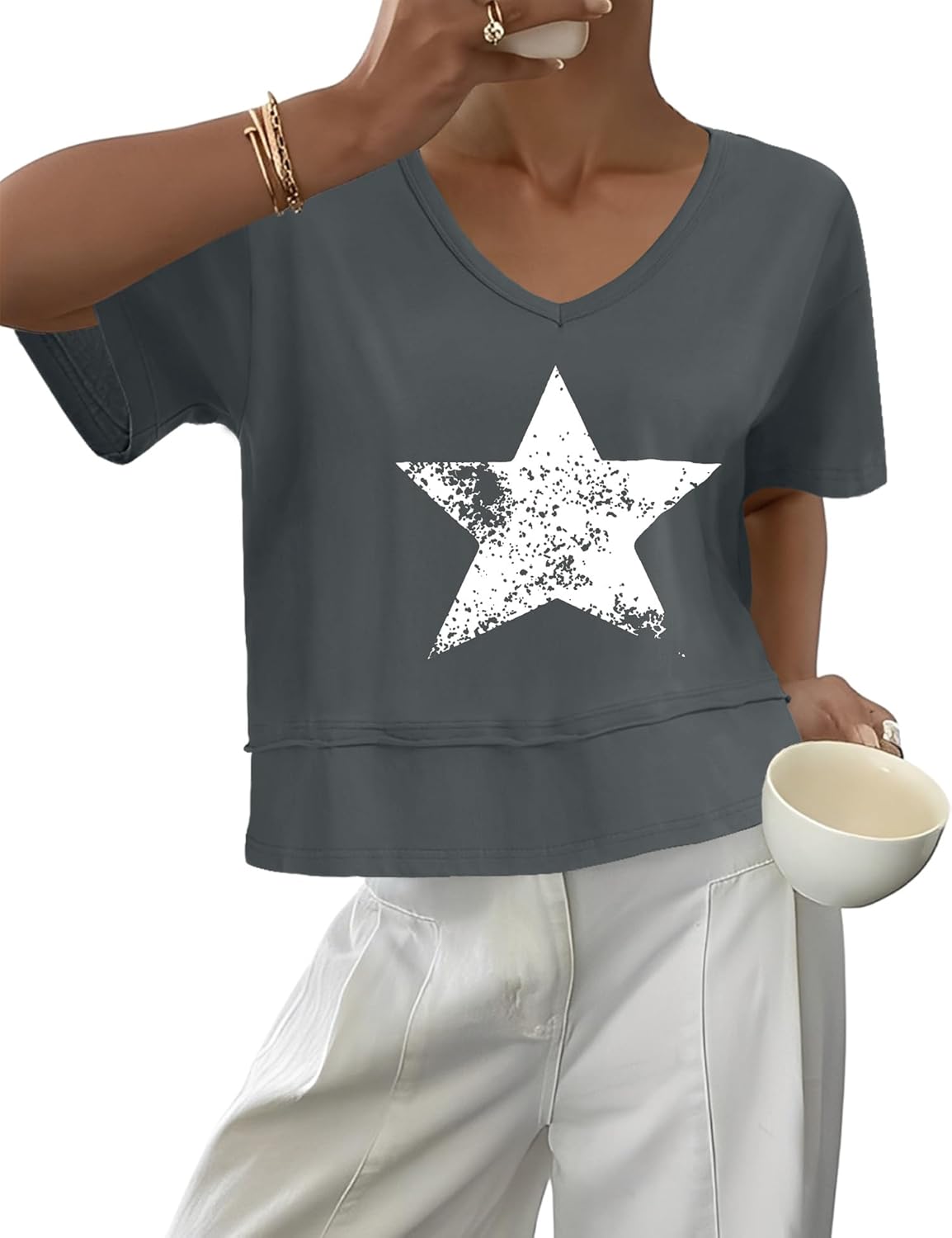 LOMON Womens V Neck Cotton T Shirts Summer Casual Cute Short Sleeve Flowy Fashion Tops Loose Fit Basic Tees - Image 2