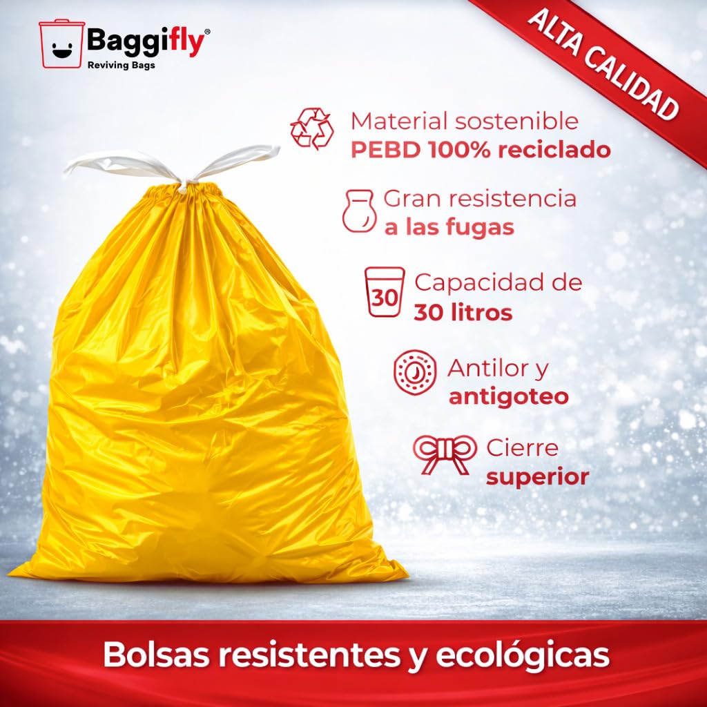 Baggifly, Bolsas de Basura 30L, 300 Bolsas Muy Resistentes, 100% Recicladas, Cierra Fácil, ECO Friendly, Uso Doméstico, Pack 10 x 30, Color Amarillo, Fabricado en España