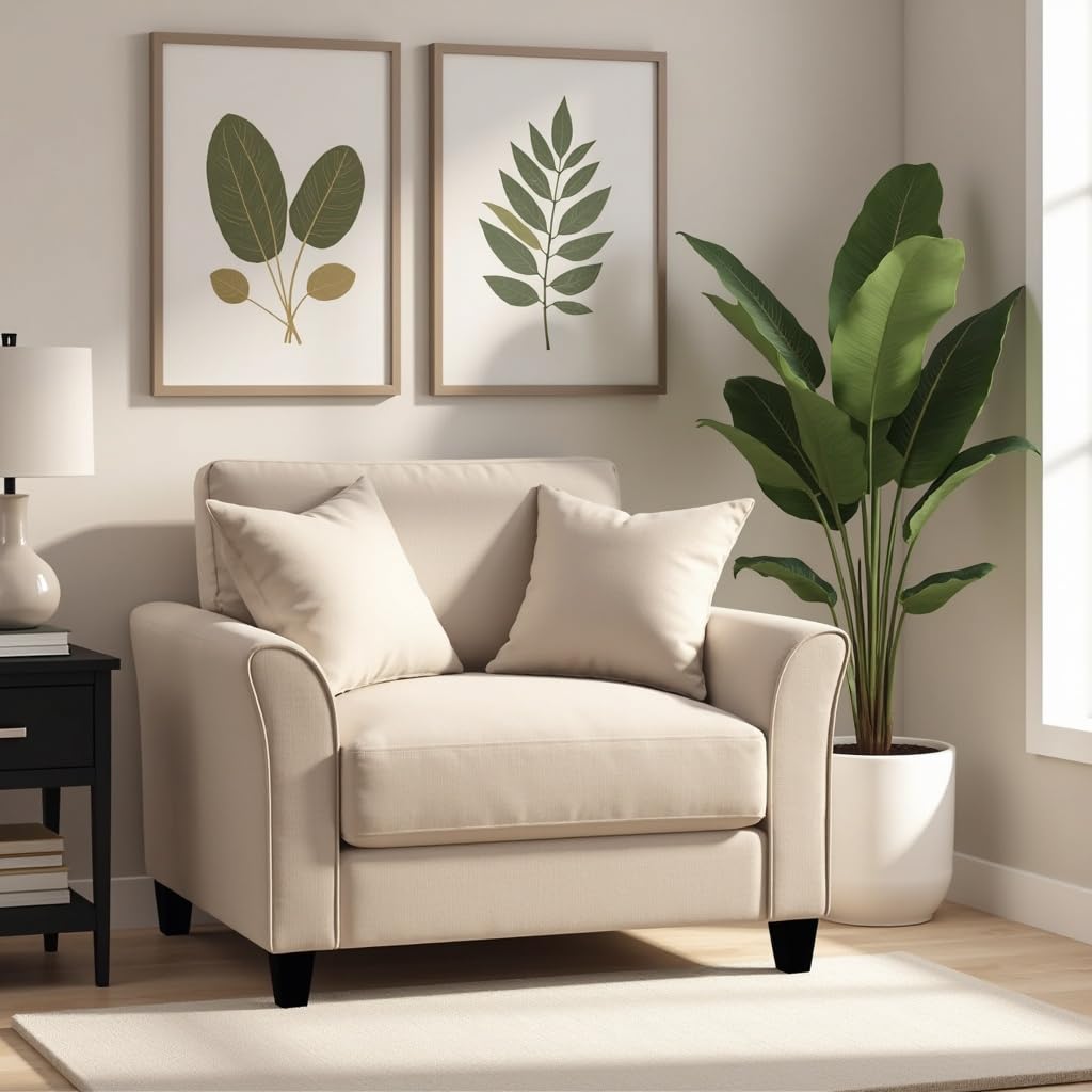 Avion - Berry 1 Seater Sofa for Living Room (Beige) Premium Fabric Single Seater Sofa Chair, Couch for Living Room, Bedroom, Guest Room, Home, Office| 3 Years Warranty