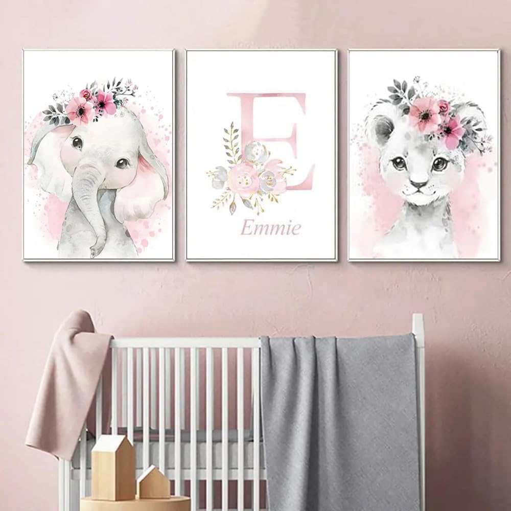 3 Laminas Personalizadas Nombre Bebe Animales Rosa Cuadros Habitacion Infantil 30x40 Poster Decorativos Pared Dormitorio Lienzo Niño Niña Regalo SIN MARCO
