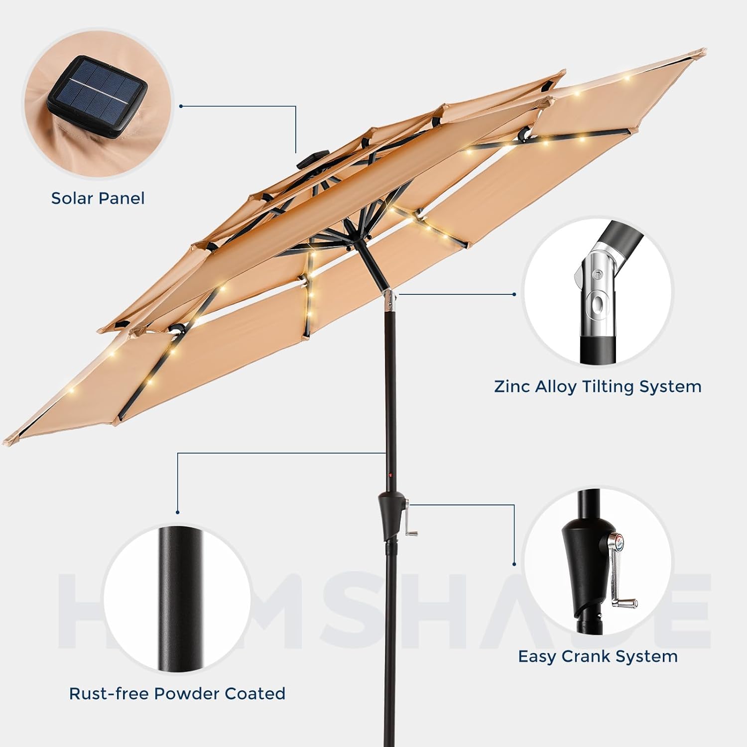 HOMSHADE 9FT 3-Tier Solar Patio Umbrella Heavy Duty, Vented Market Table Umbrella Windproof with 32 LED Lights, UPF50+, 5-Year Fade Resistant, 8 Thicker Ribs for Pool, Lawn, Garden, Deck (Beige,No Base)