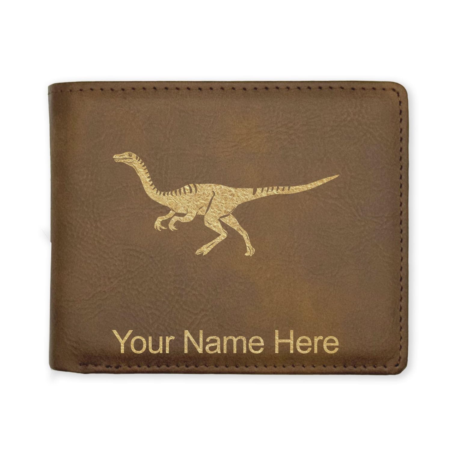 LaserGram Faux Leather Bi-Fold Wallet, Gallimimus Dinosaur, Personalized Engraving Included (Rustic with Gold)