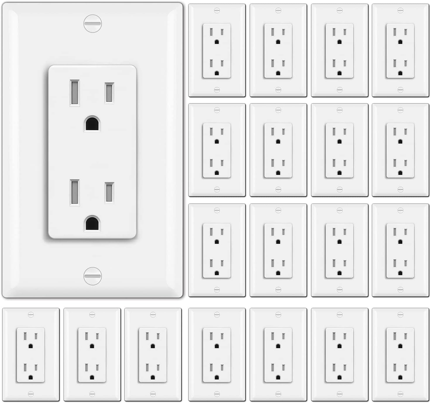[20 Pack] BESTTEN 15A Tamper Resistant Decor Receptacle, Standard Electrical Wall Outlet, Residential and Commercial Use, UL Listed, White