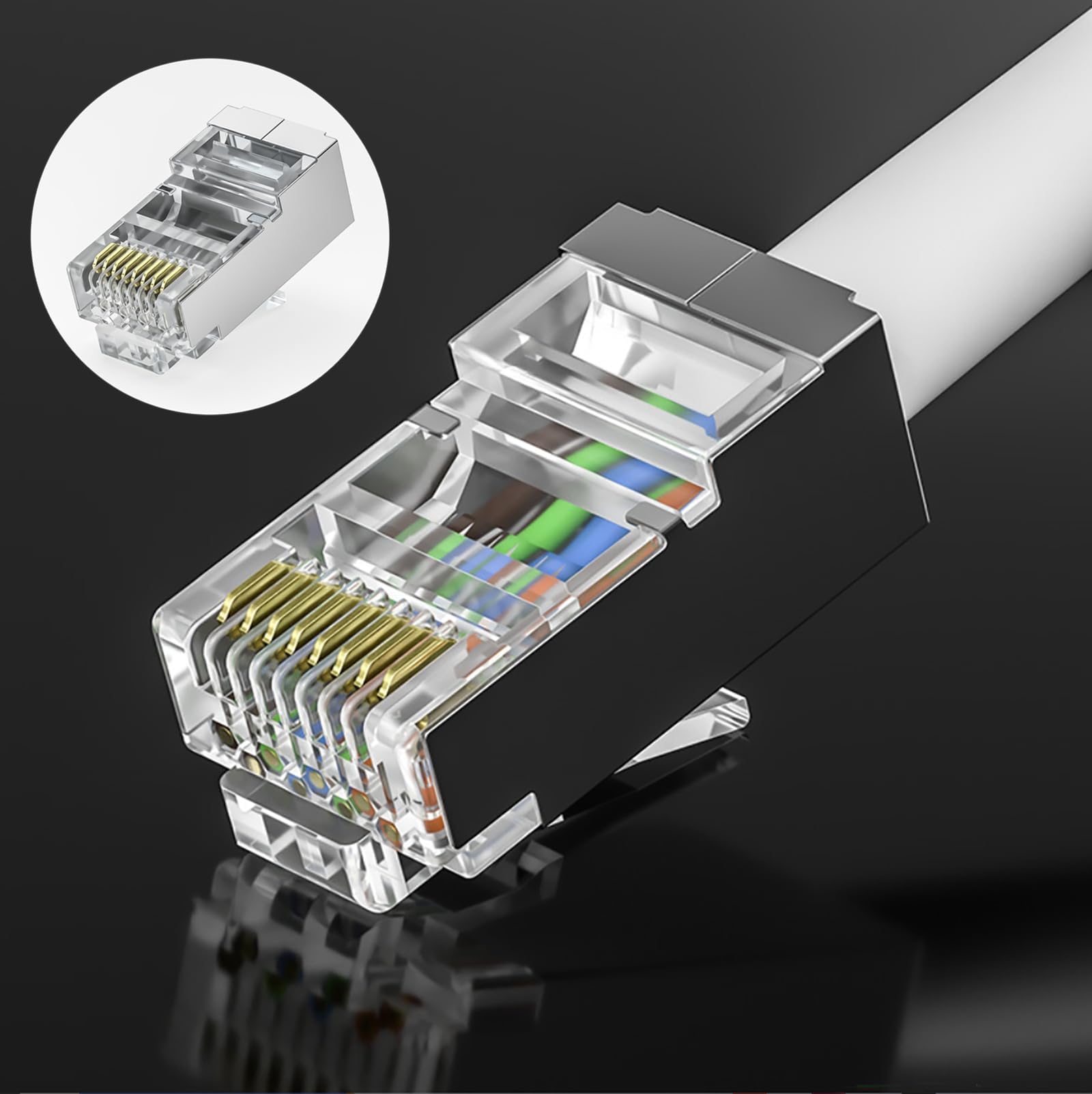 20 ekranowanych złączy RJ45, złącza zaciskane CAT5e CAT5 CAT6 CAT6e, złącza kablowe LAN UTP STP 50U ze złoconymi osłonami silikonowymi (biały)